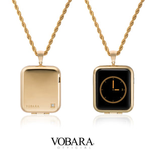 38mm (Series 2,3,4) Gold Apple Watch Pendant with chain necklace. Front and back image.
